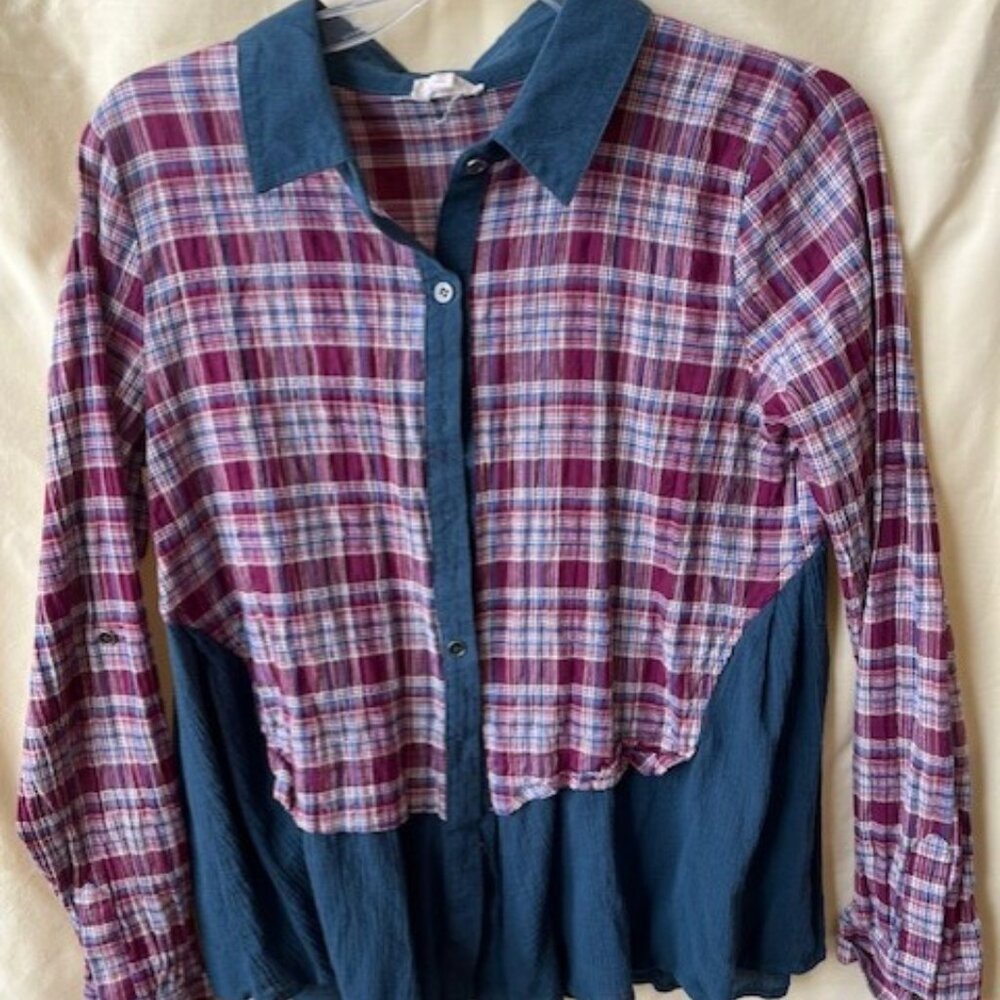 Women's Plaid Ruffle Hem & Thread Blouse